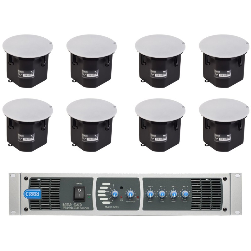 Cloud Speaker System MPA240 8 x CS-C6 Ceiling Mounted Speakers Mixer Amplifier 240W 6 Line Inputs 4 Mic Inputs