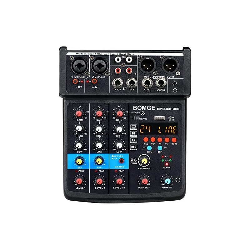 4 Channel Mini DJ Audio Sound Mixer Interface with MP3, USB, Bluetooth, Stereo Recording, 48V Phantom Power, 24 DSP
