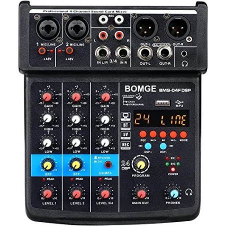 4 Channel Mini DJ Audio Sound Mixer Interface with MP3, USB, Bluetooth, Stereo Recording, 48V Phantom Power, 24 DSP