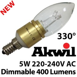 Akwil 5W LED Candle Bulb AKC-5W B15 & E14 Akwil Dimmable LED Light Bulb 240V 5W 400lm Sharp LED Bulb 330 Degree Clear or Frosted