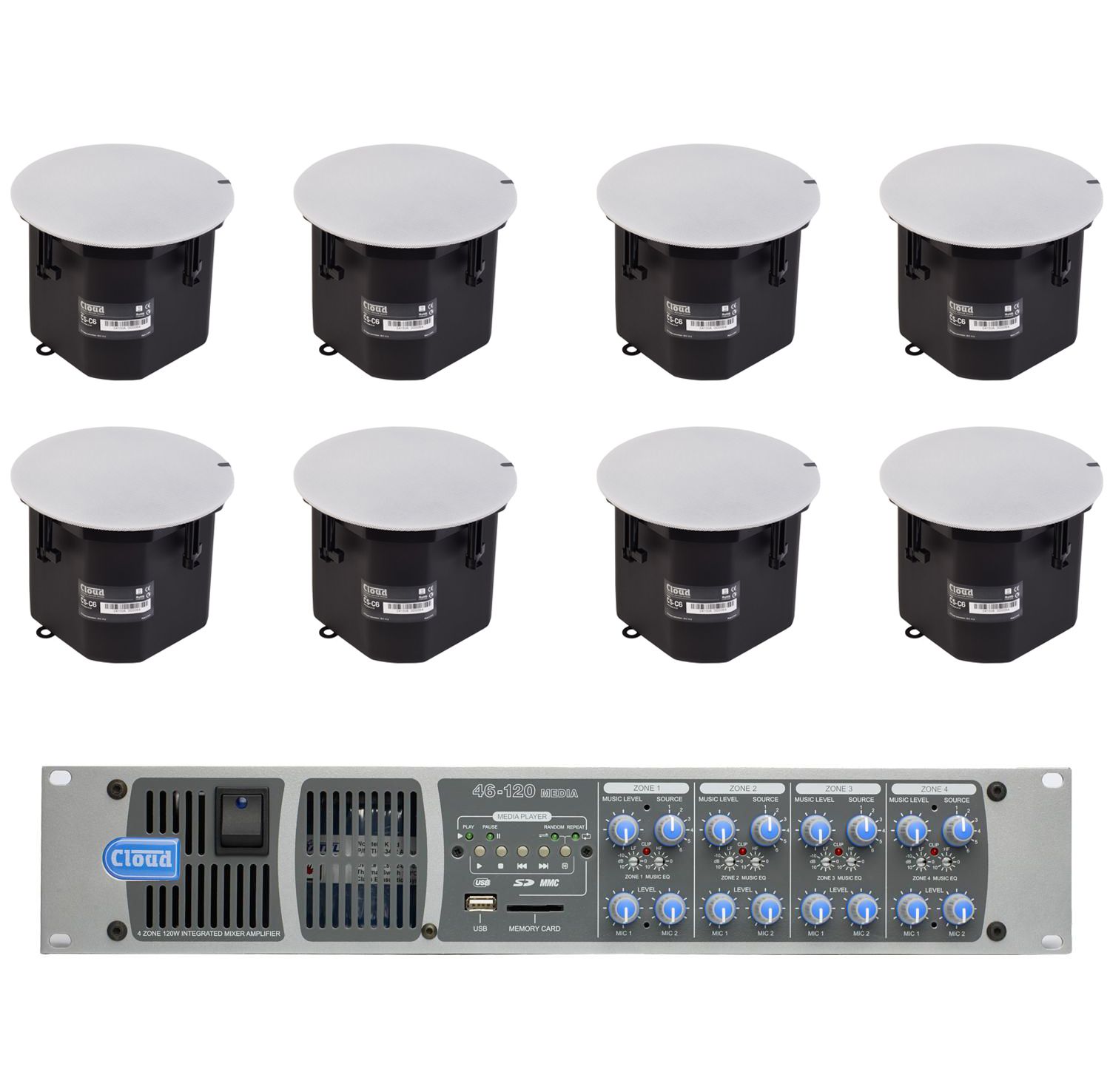 Cloud Speaker System 8x Cs C8 8 Ceiling Mounted Speakers With 46 120 Media 4 Zone 4x 120w Integrated Mixer Amplifier Multi Zo
