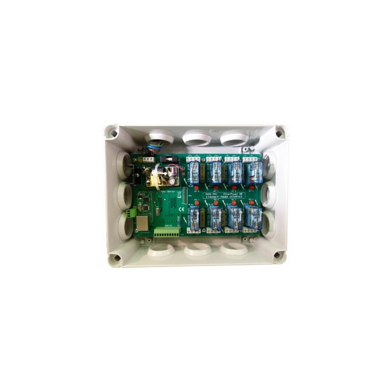 EtherPower 80 8 x 10A, Ethernet & RS232 controlled power relays in wall mounting enclosure. For the control of power and lightin