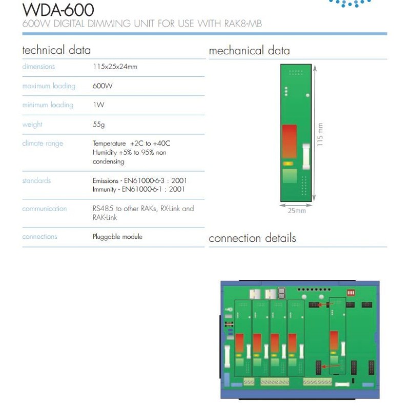 Rako WDA600 600W 010V Dali Dsi Digital dimming unit for use with RAK8